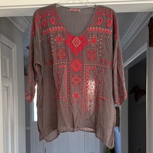 Johnny Was Charcoal and Red Embroidered Tunic